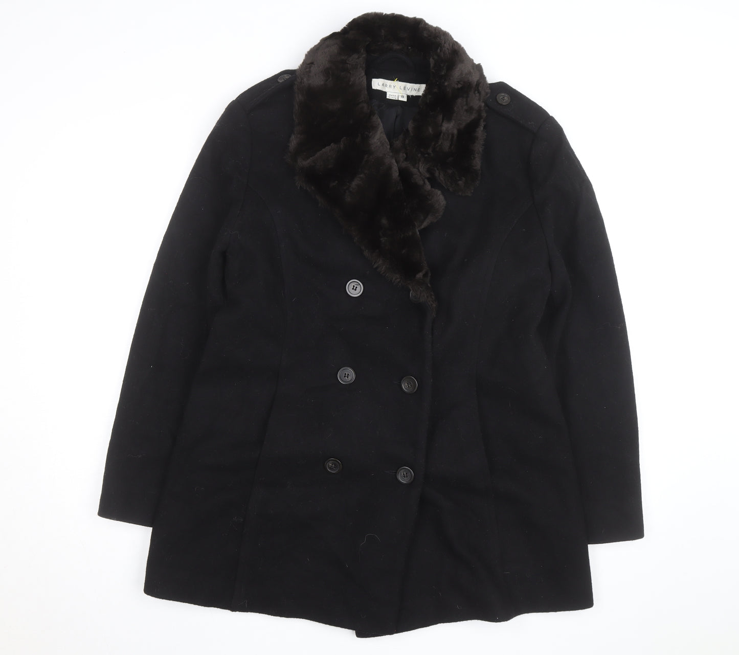 Larry Levine Women's Black Wool Blend Pea Coat Size 8 Fur Trim