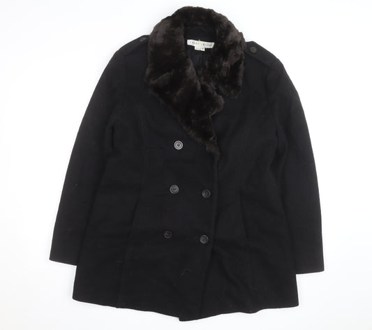 Larry Levine Women's Black Wool Blend Pea Coat Size 8 Fur Trim