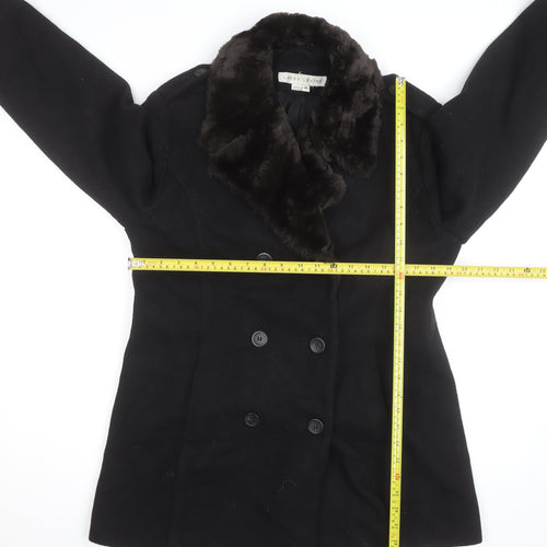 Larry Levine Women's Black Wool Blend Pea Coat Size 8 Fur Trim