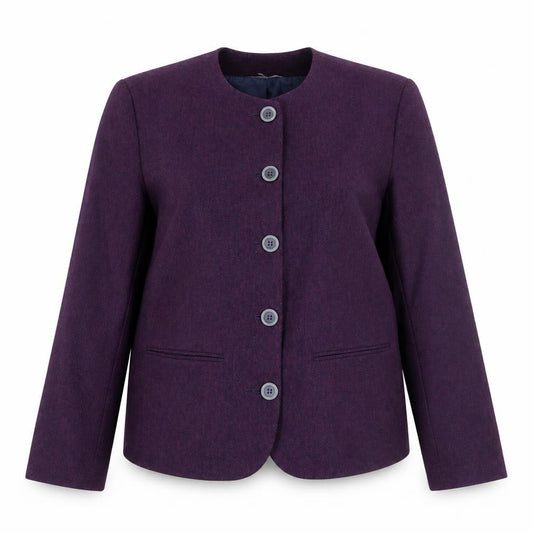 Front view of Bleyle women’s purple wool blend collarless blazer jacket, size UK 12