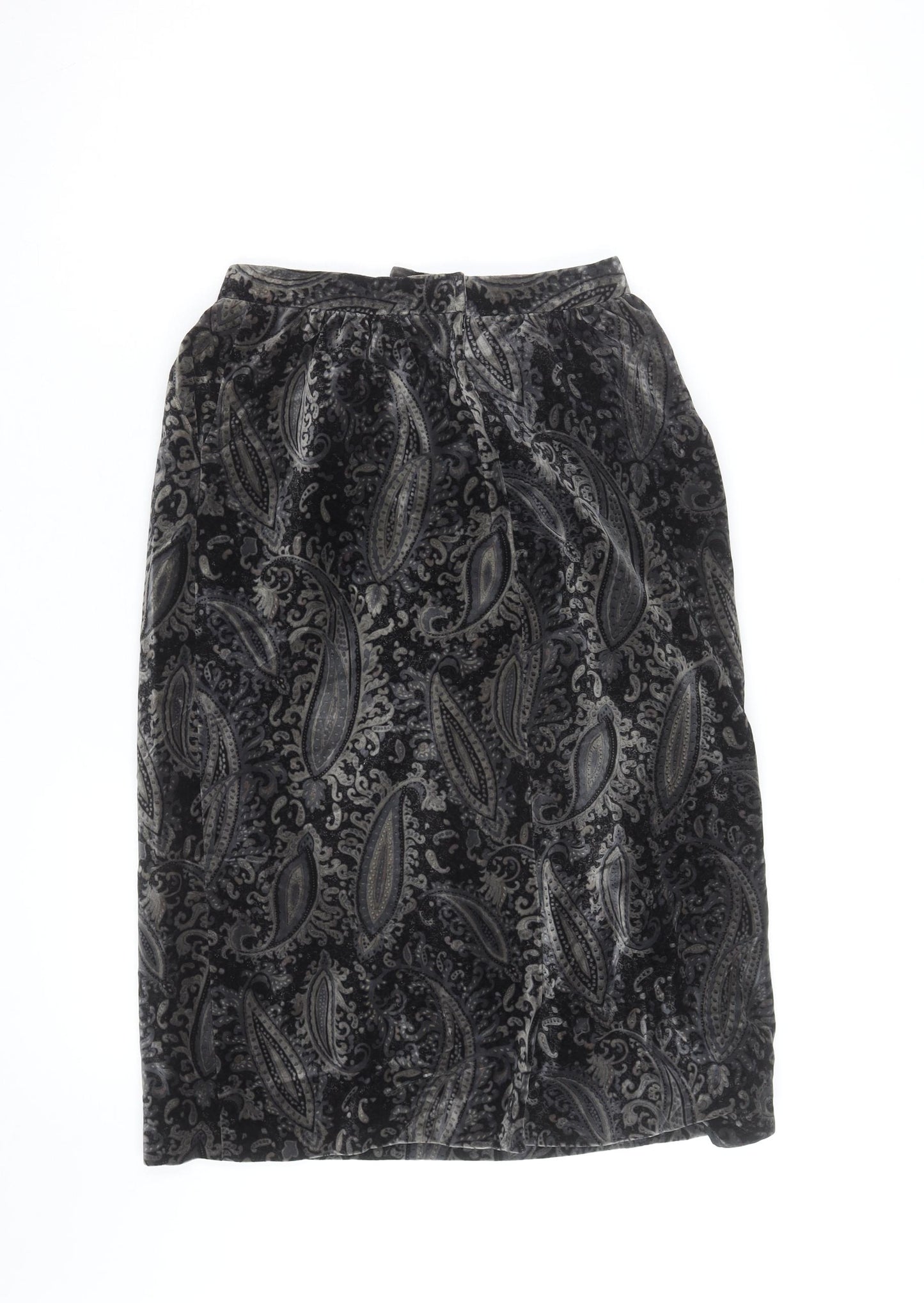 Elegance High Fashion Women's Black Velvet Paisley Midi Skirt M