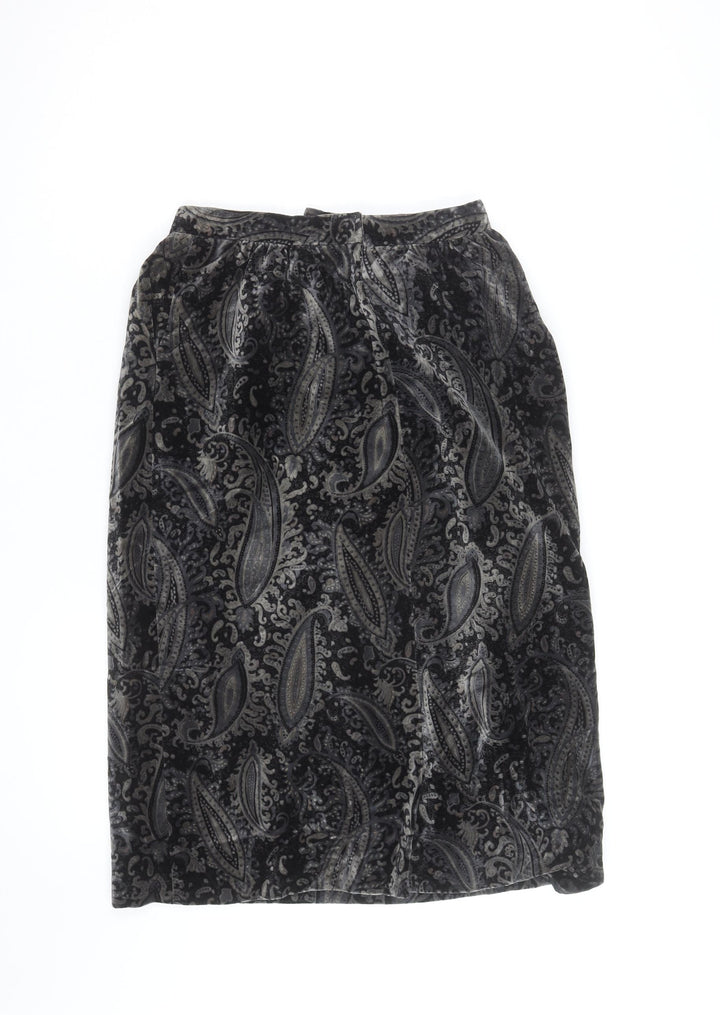 Elegance High Fashion Women's Black Velvet Paisley Midi Skirt M