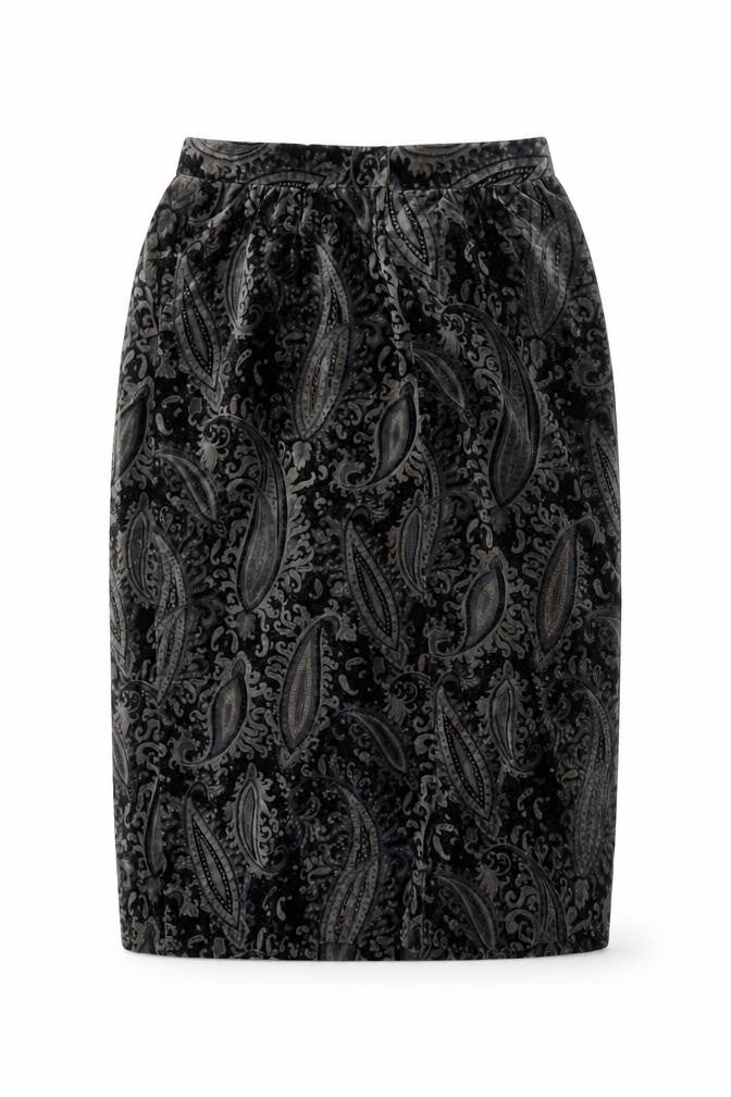 Elegance High Fashion Women's Black Velvet Paisley Midi Skirt M