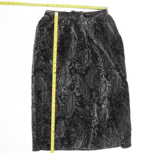 Elegance High Fashion Women's Black Velvet Paisley Midi Skirt M