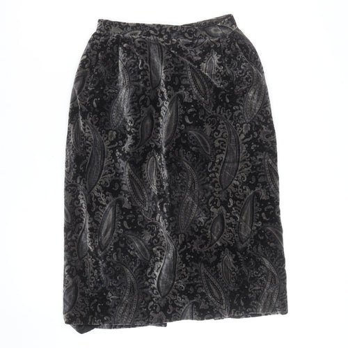 Elegance High Fashion Women's Black Velvet Paisley Midi Skirt M