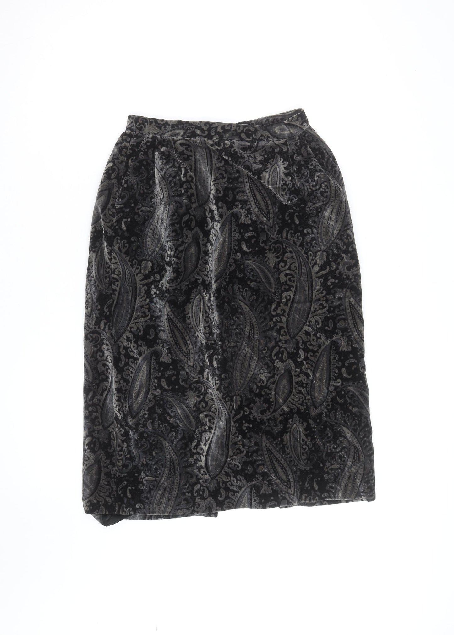 Elegance High Fashion Women's Black Velvet Paisley Midi Skirt M