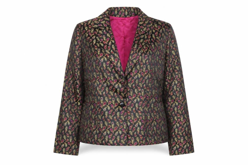 Front view of S.L.B. women’s black multicoloured blazer jacket, size UK 14, feather print