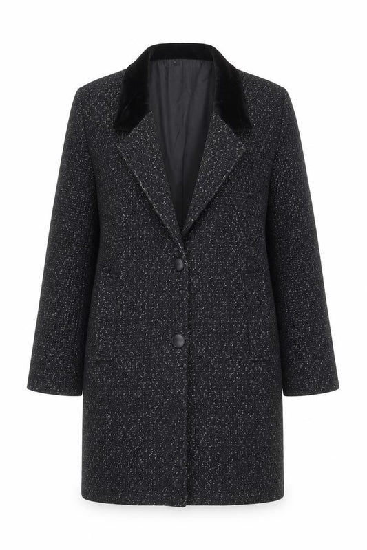 Front view of David Benjamin women’s black wool tweed long overcoat, size S
