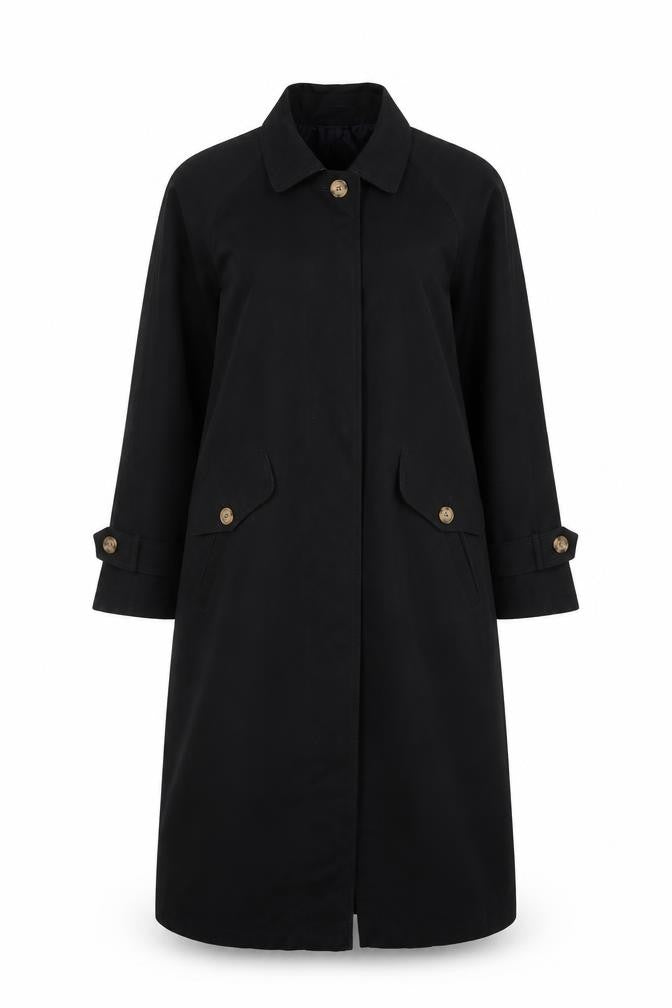 Front view of New York Harbor women’s black long trench coat, size UK 12