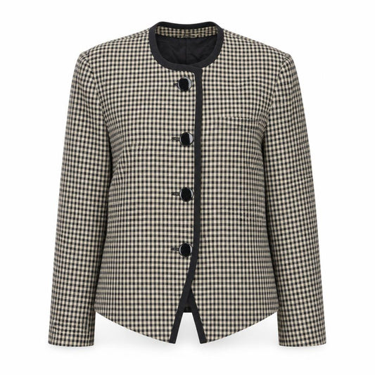Front view of Park Square Women Beige Checked Blazer Jacket, size 12, Classic Style