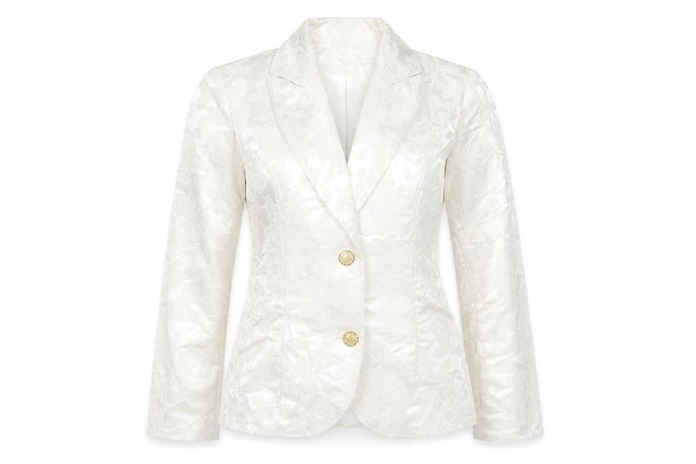 Front view of NY Collection Women's Ivory Metallic Floral Blazer, size S