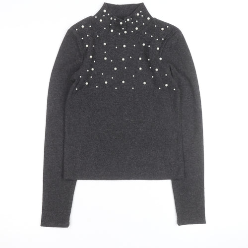 Zara Women Grey Mock Neck Beaded Knit Jumper Size M