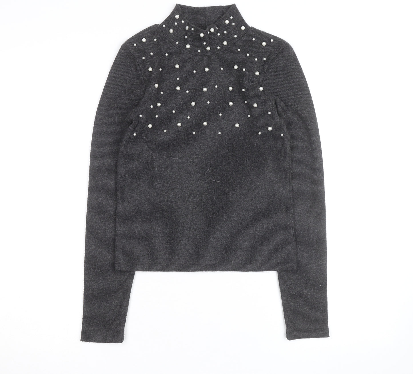 Zara Women Grey Mock Neck Beaded Knit Jumper Size M