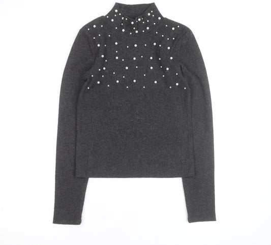 Zara Women Grey Mock Neck Beaded Knit Jumper Size M