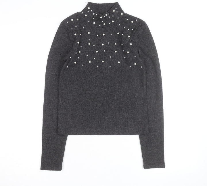 Zara Women Grey Mock Neck Beaded Knit Jumper Size M