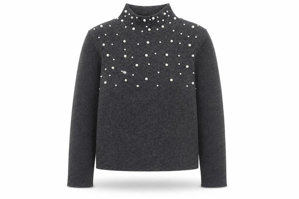 Front view of Zara Women Grey Mock Neck Beaded Knit Jumper, size M
