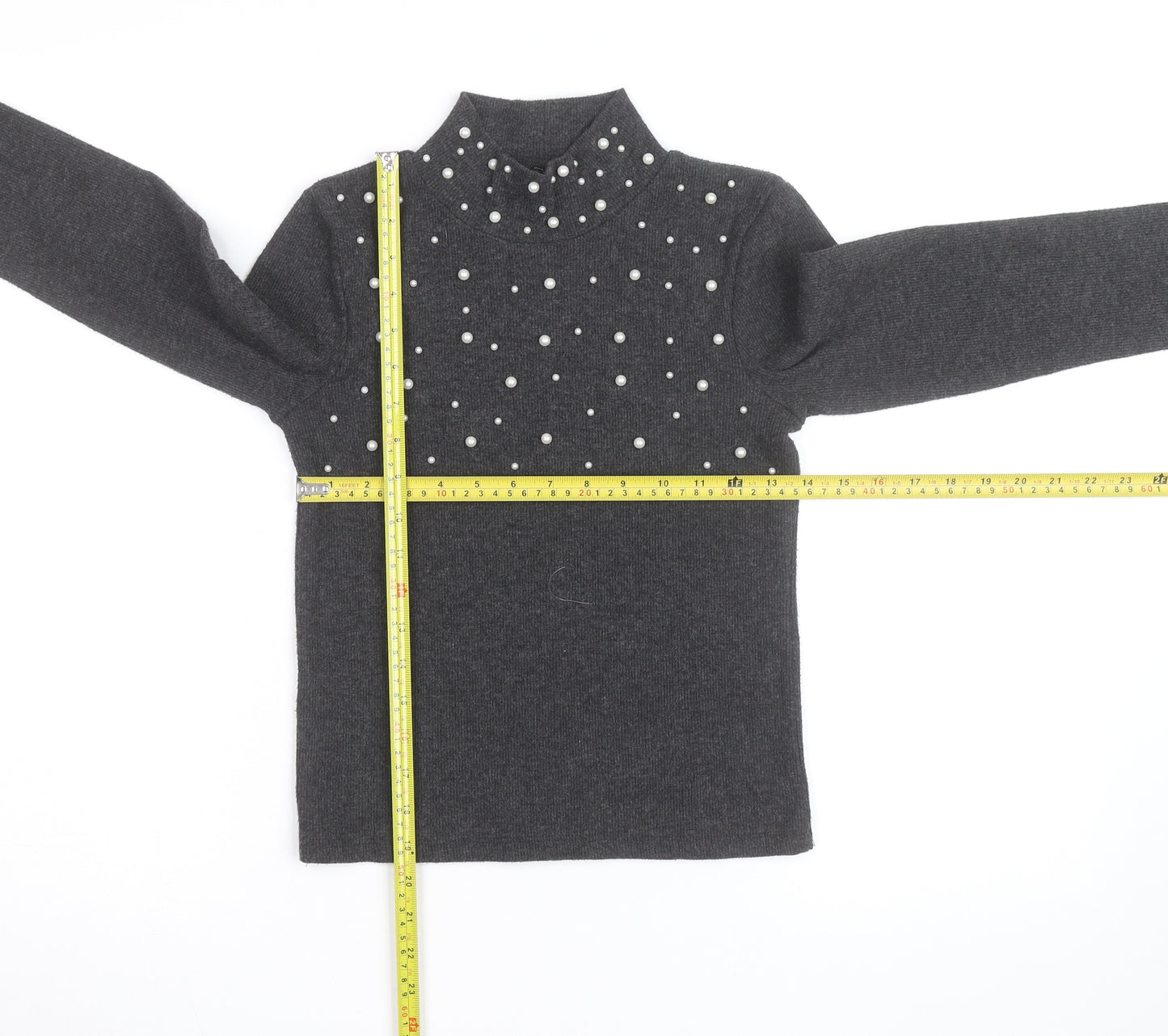 Zara Women Grey Mock Neck Beaded Knit Jumper Size M