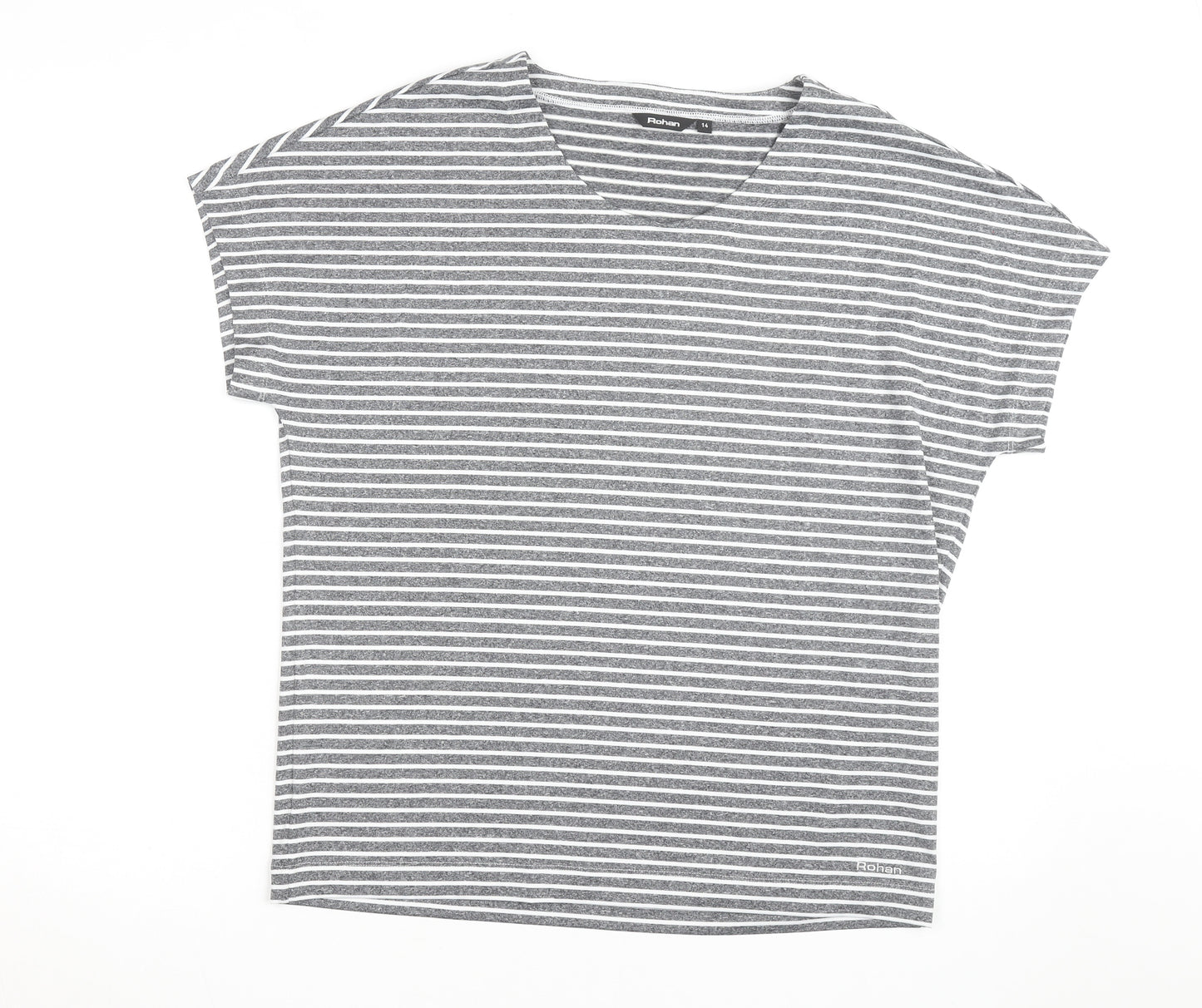 Rohan Women Grey Striped V-Neck Short Sleeve T-Shirt Size 14