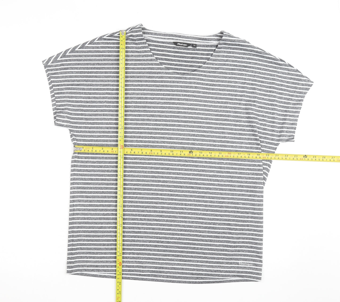 Rohan Women Grey Striped V-Neck Short Sleeve T-Shirt Size 14