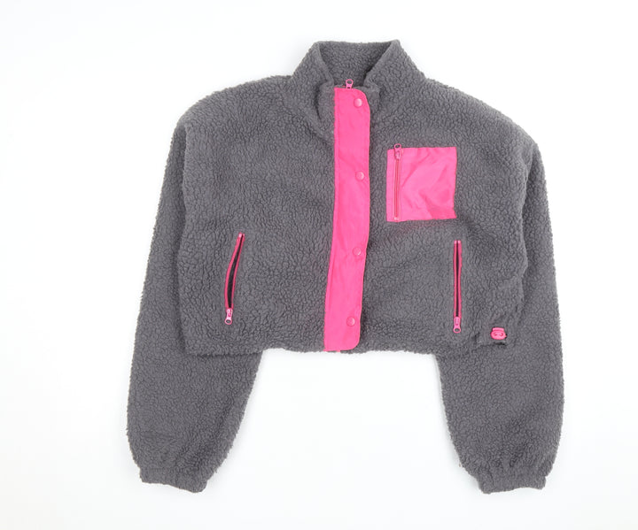 Boohoo Women's Grey Fleece Cropped Zip Jacket Size 16