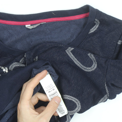 Marks and Spencer Women Blue Sequin Heart Long Sleeve Pullover Jumper Size 16