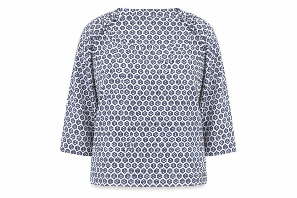 Front view of Marks & Spencer Women Blue Geometric Tunic Blouse, size 14
