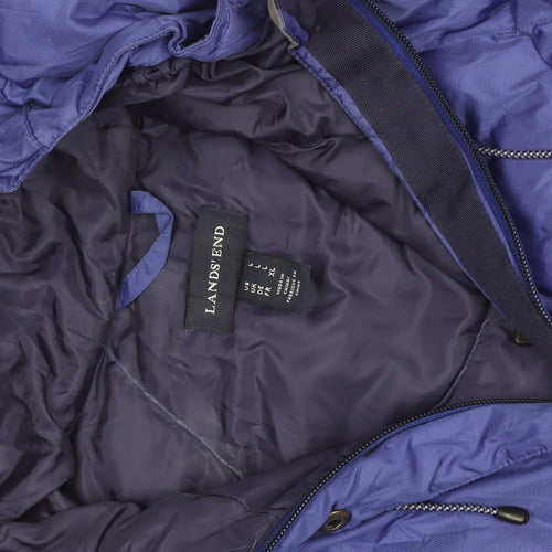 Lands' End Women's Blue Long Puffer Coat Size L Hooded Warm Winter Jacket