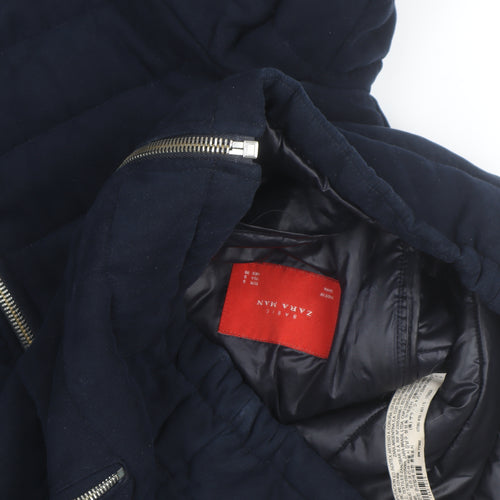 Zara Man Blue Hooded Puffer Jacket Men's M Casual Winter Full Zip