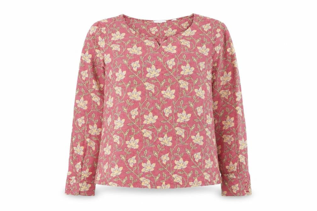 Front view of FatFace women’s pink floral viscose tunic blouse, size UK 12