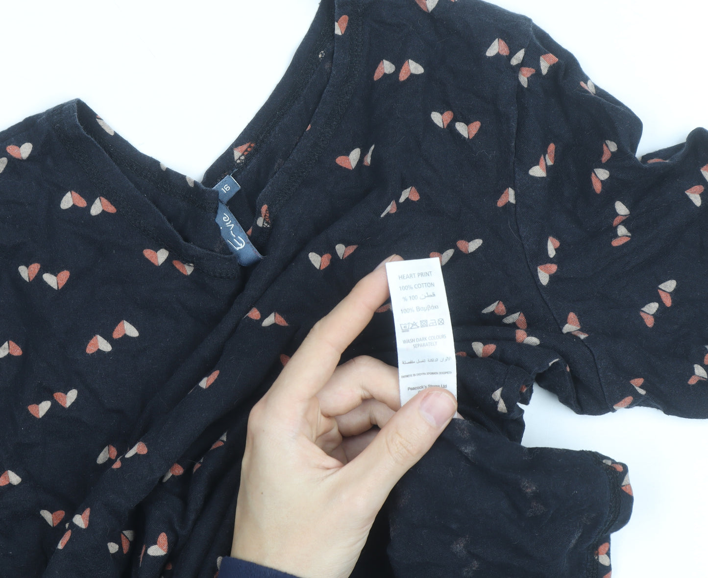 E-vie Women Black Heart Print Long Sleeve Cotton T-Shirt Size 16