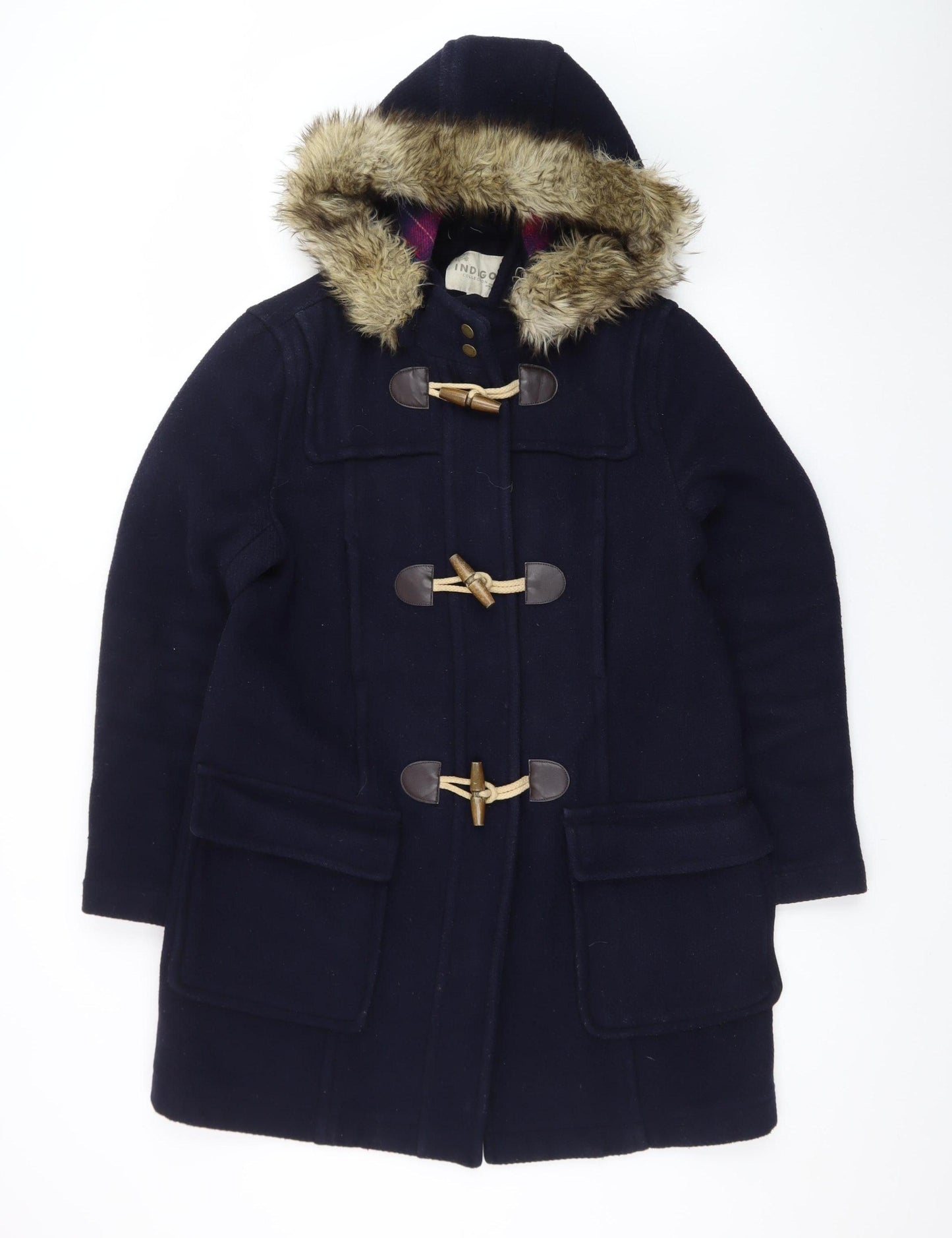 Marks and Spencer Women’s Blue Wool Blend Duffle Coat Size 14 Faux Fur Hood