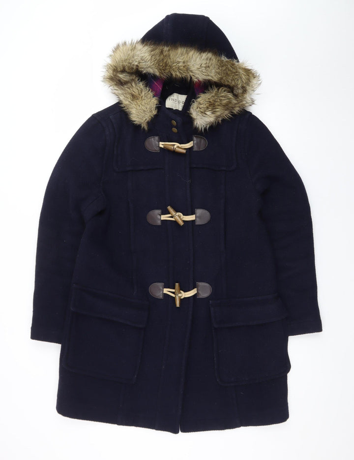 Marks and Spencer Women’s Blue Wool Blend Duffle Coat Size 14 Faux Fur Hood