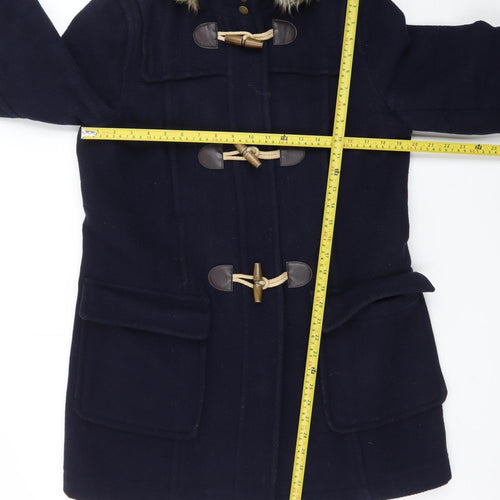 Marks and Spencer Women’s Blue Wool Blend Duffle Coat Size 14 Faux Fur Hood