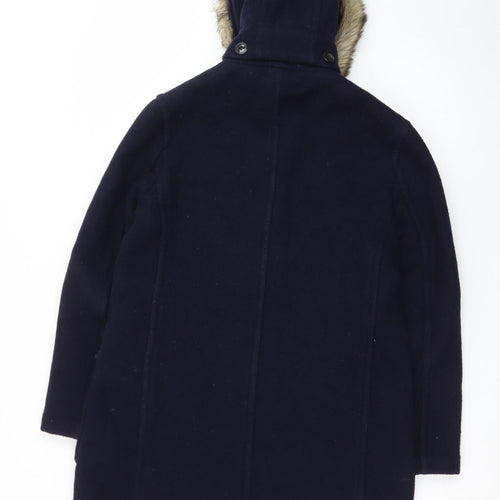 Marks and Spencer Women’s Blue Wool Blend Duffle Coat Size 14 Faux Fur Hood