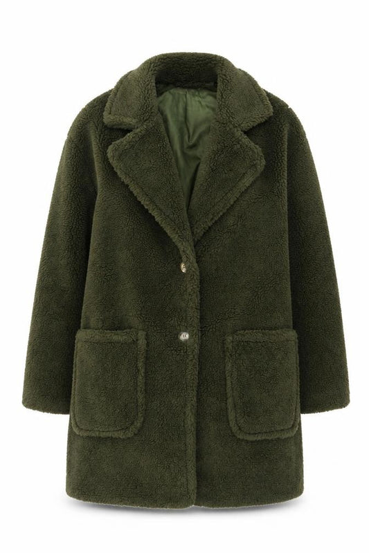 Front view of GINI LONDON Women Green Mid-Length Fleece Coat M