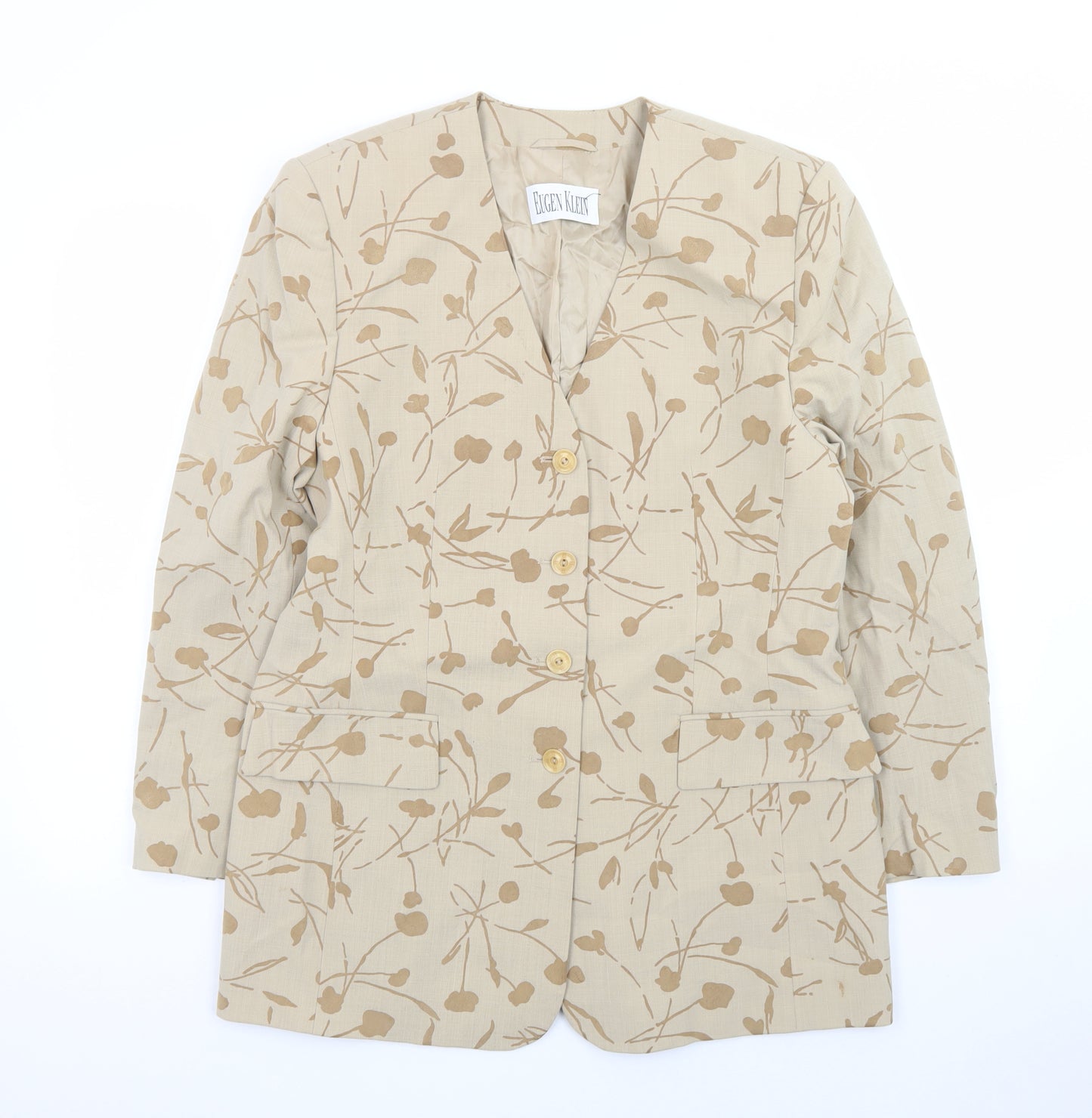 Eugen Klein Womens Beige Floral Blazer Jacket Size 12 Linen Wool Blend