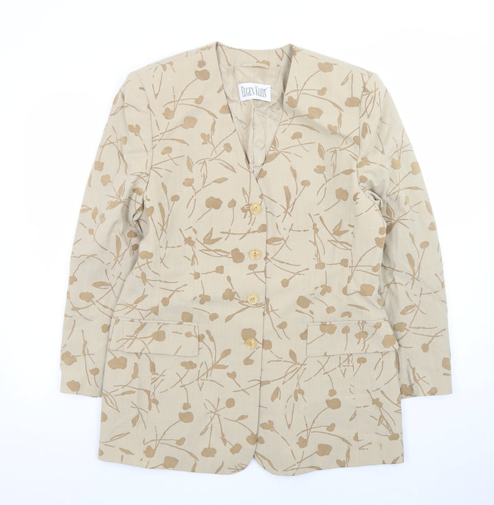 Eugen Klein Womens Beige Floral Blazer Jacket Size 12 Linen Wool Blend