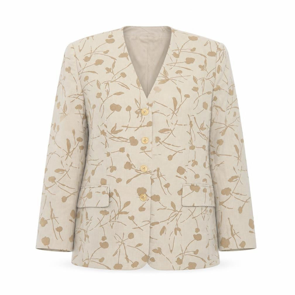 Front view of Eugen Klein women’s beige floral blazer jacket, size UK 12, linen wool blend