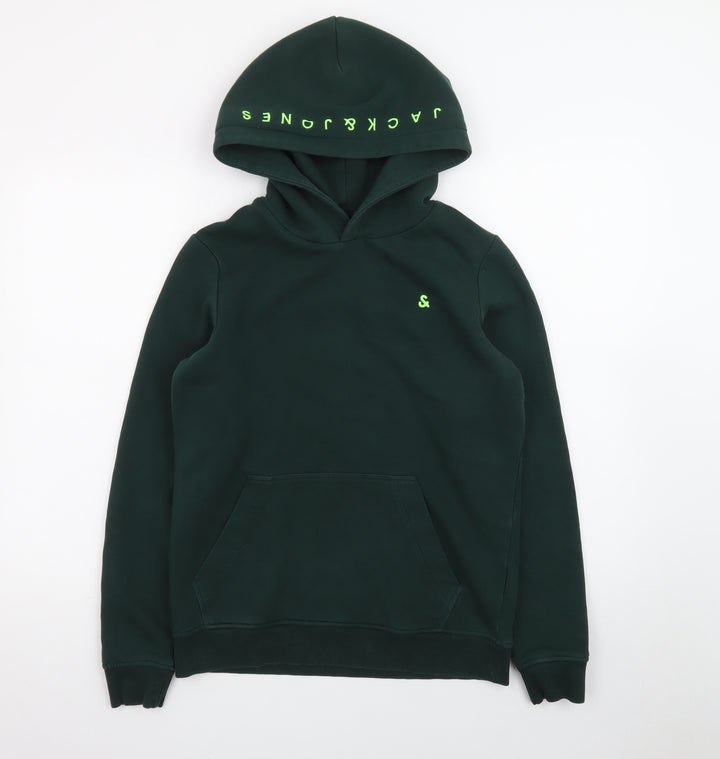 Jack & Jones Boys Green Pullover Hoodie Size 164 Fleece Lined Sweatshirt