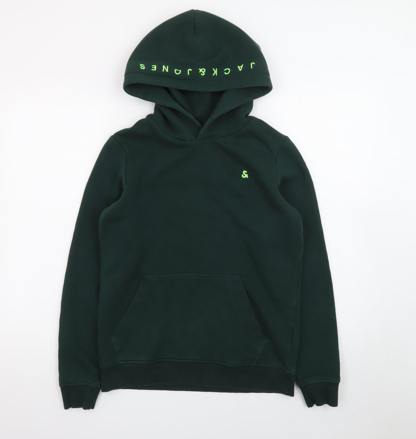 Jack & Jones Boys Green Pullover Hoodie Size 164 Fleece Lined Sweatshirt