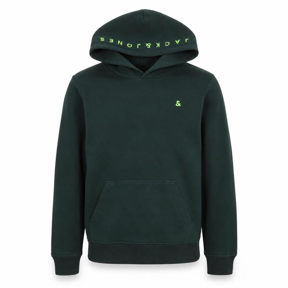 Front view of Jack & Jones boys’ green pullover hoodie, size 164, fleece lined sweatshirt