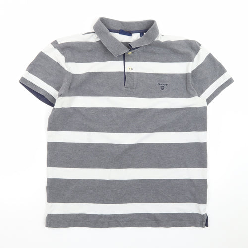 GANT Men's Grey White Striped Polo Shirt XL Classic Cotton