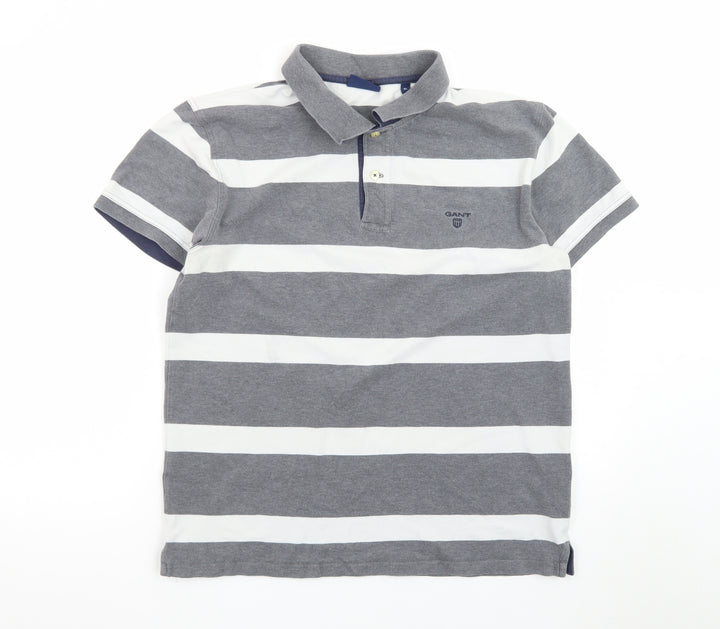 GANT Men's Grey White Striped Polo Shirt XL Classic Cotton