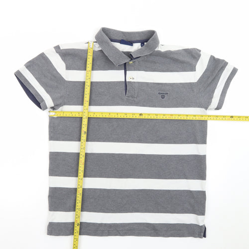GANT Men's Grey White Striped Polo Shirt XL Classic Cotton