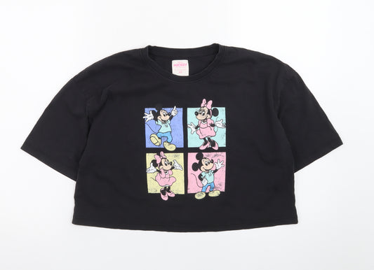 Front view of Primark Women Black Cropped Mickey & Minnie Cotton T-Shirt XS