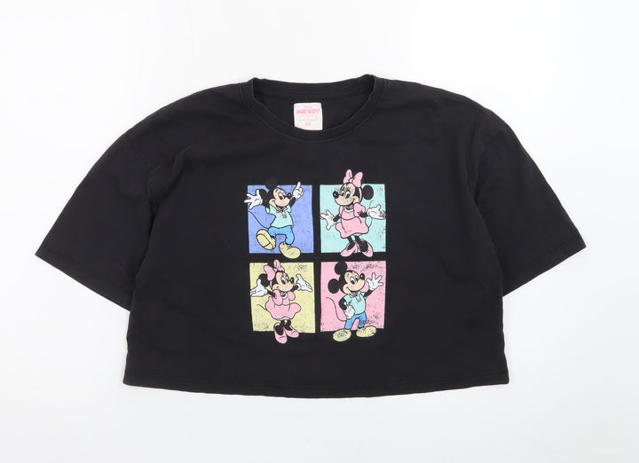 Primark Women Black Cropped Mickey & Minnie Cotton T-Shirt XS