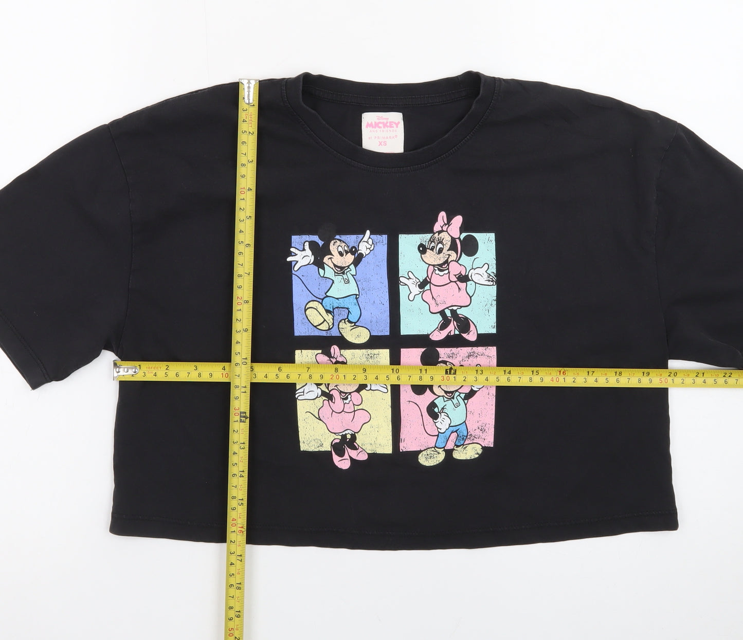 Primark Women Black Cropped Mickey & Minnie Cotton T-Shirt XS