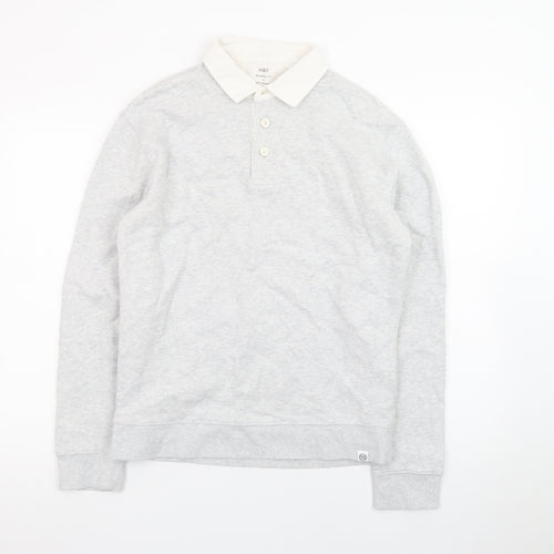 Marks and Spencer Men's Grey Long Sleeve Cotton Polo Shirt Size S