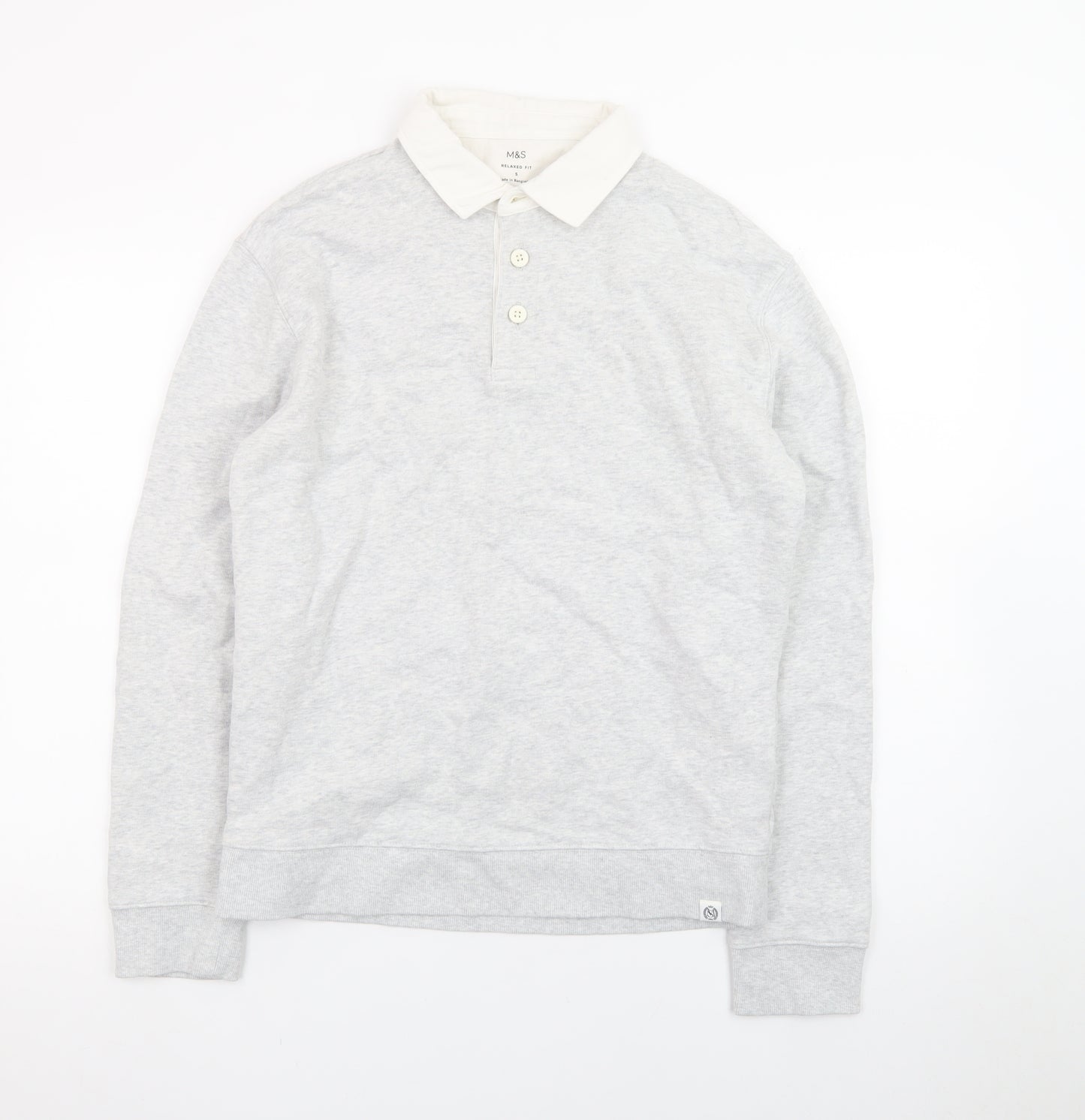 Marks and Spencer Men's Grey Long Sleeve Cotton Polo Shirt Size S