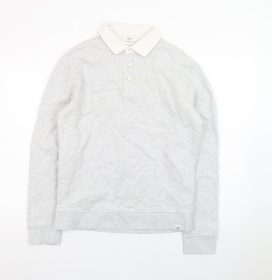 Marks and Spencer Men's Grey Long Sleeve Cotton Polo Shirt Size S